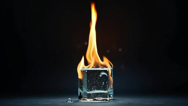 Surreal Burning Ice Cube with Tall Flame in Darkness