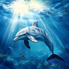 Obraz premium Dolphin swimming gracefully in a vibrant coral reef environment. Generative AI