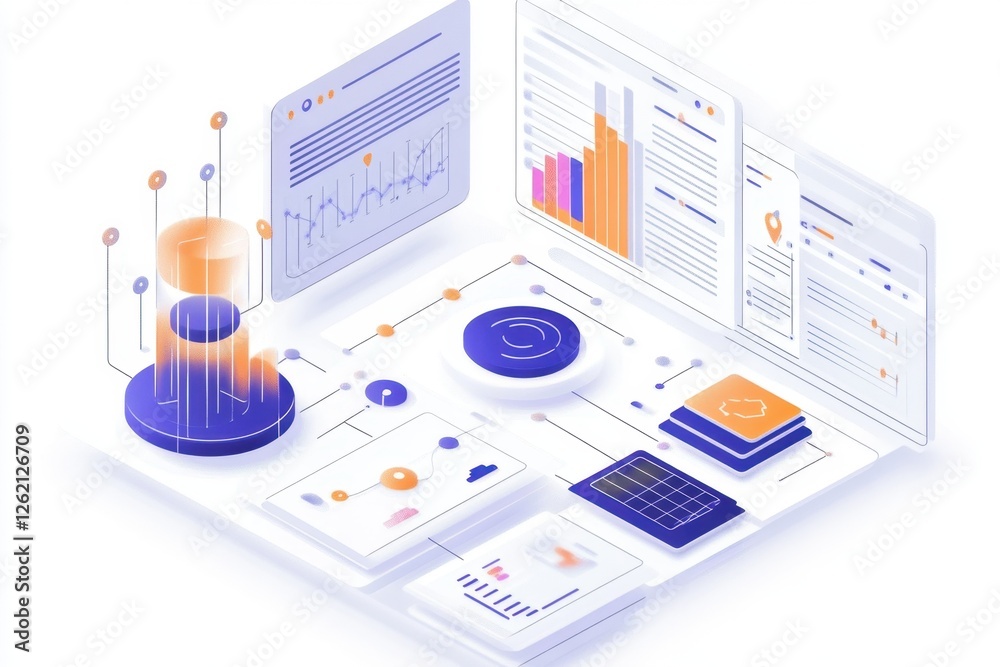 Poster data processing visualization with charts and graphs illustrating analytical processes on a clean ba