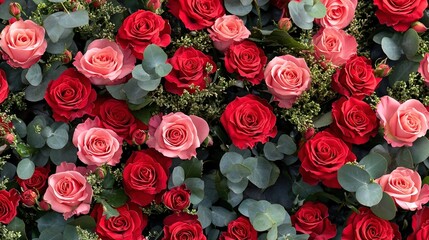 Naklejka premium A beautifully crafted bouquet of vibrant red and delicate pink roses, artfully intertwined with verdant leaves, creating an enchanting display perfect for any romantic occasion.