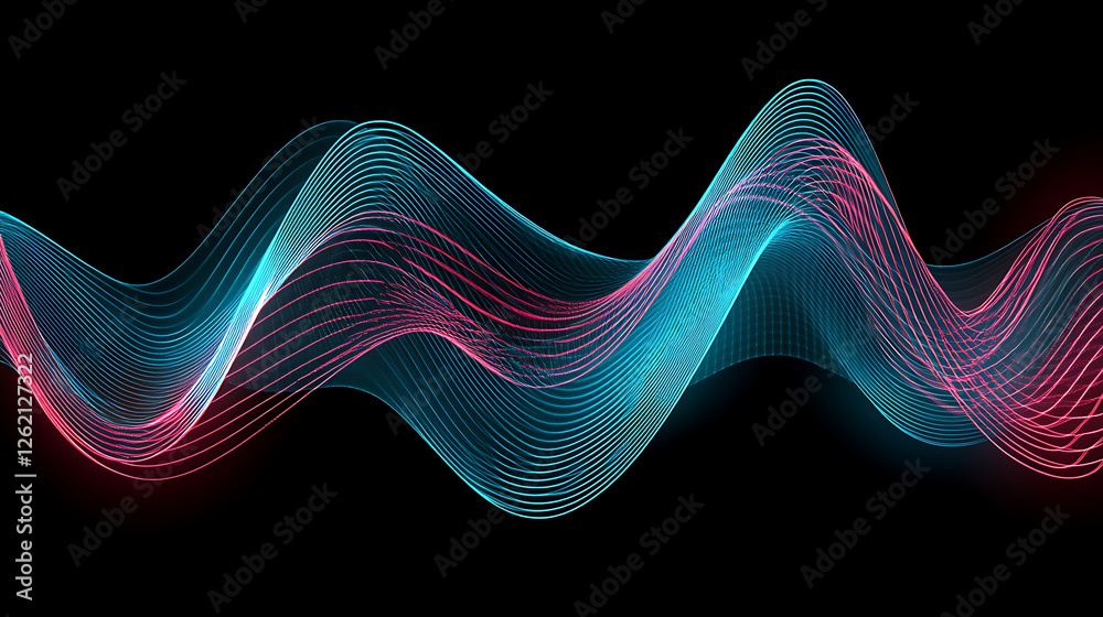 Wall mural futuristic wave pattern design with fluid lines and vivid light effects on a dark backdrop