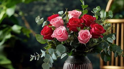 An exquisite floral composition featuring a harmonious blend of red and pink roses, complemented by fresh greenery, embodying elegance and warmth ideal for expressing love and affection.