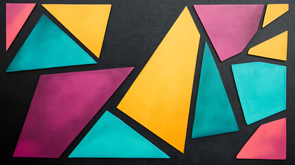 Fototapeta premium Geometric Abstract Art Arrangement with Triangles and Polygons on a Textured Black Background