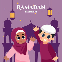 Ramadan Kareem Greeting Card Vector Design Muslim kid cartoon