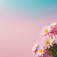 Bouquet of pink and white daisies with yellow centers on a pastel pink and blue gradient background. Delicate floral composition for greeting cards, invitations, and decorative designs.
