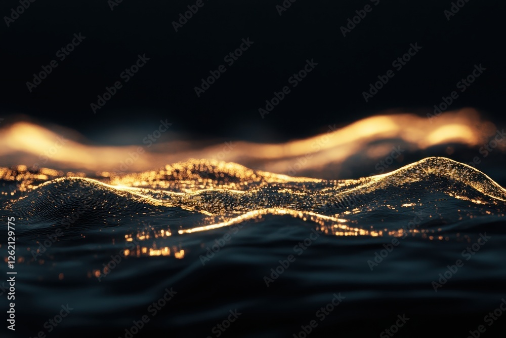 Poster Vibrant abstract waves illuminated by light against dark black backdrop showcasing fluid motion and depth, Abstract waves with light on dark black copy space background