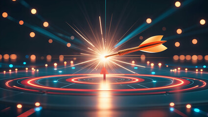 Abstract Concept of Corporate Goals with a Glowing Dart Hitting the Target for Business Success
