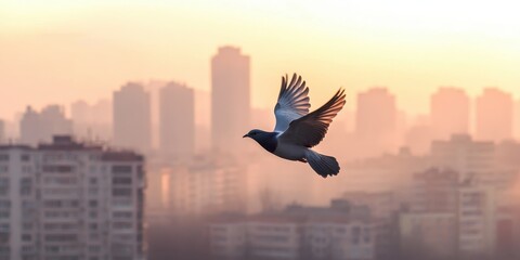 Obraz premium Pigeon in flight over cityscape during a hazy sunrise