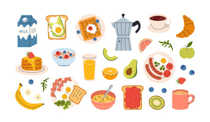 Hand drawn breakfast illustration with coffee, fried egg, croissant, milk, cereal, bacons, sausages, citrus juice, avocado, tomato, pancakes. Healthy tasty food and drinks. Vector flat illustration.