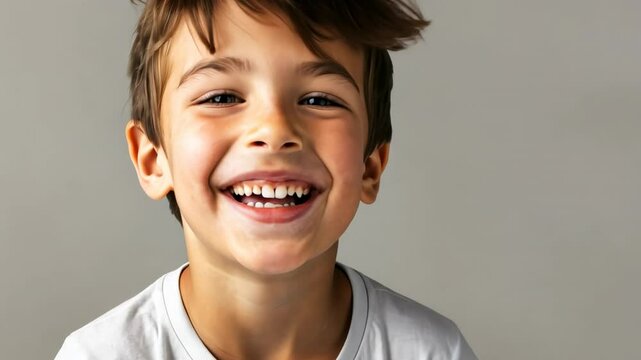 Joyful young boy with cheerful smile against neutral gray background radiating happiness and innocence