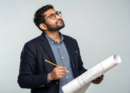 Designing spaces south asian architect contemplating blueprints in a modern office environment portrait photography professional setting thoughtful perspective architectural vision