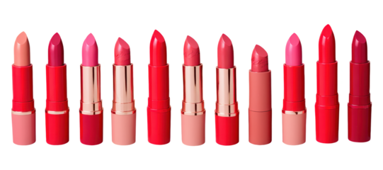 A set of different lipstics in various shades (red, pink, nude) arranged aesthetically, isolated on a transparent background