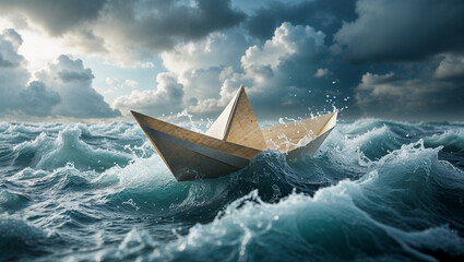 Obraz premium Wooden Paper Boat Braving Rough Ocean Waves