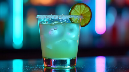 A classic Margarita served in a chilled elegant cocktail glass with beautiful neon light in background