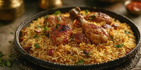 Charcoal grilled chicken with spices, cooked on a metal tray with rice and sauce.