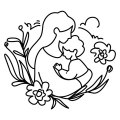 Line art illustration of a mother hugging her child, symbolizing love, affection, and the bond between mother and child. Perfect for Mother's Day cards, social media posts, and designs celebrating mot