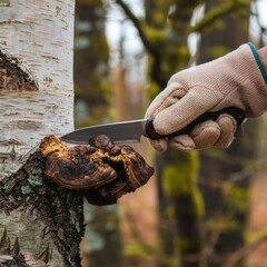Person harvesting chaga mushroom from birch tree using a knife. Foraging and medicinal fungi concept