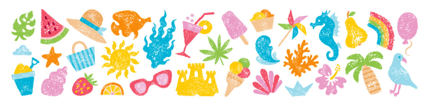 Beach summer icons. Sea vector element. Vacation crayon illustration. Beach and sea summer vacation sticker set. Cute holiday icon. Pastel chalk doodle fruit sun watermelon tropical cocktail hat shell