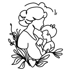 Line art illustration of a mother hugging her child, symbolizing love, affection, and the bond between mother and child. Perfect for Mother's Day cards, social media posts, and designs celebrating mot