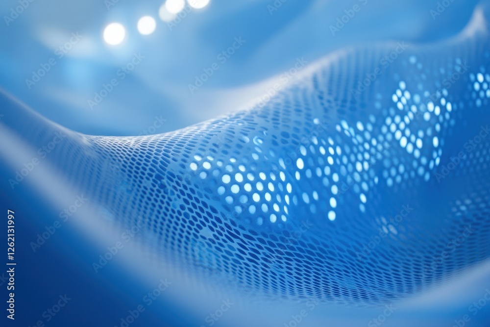 Poster Blue glowing mesh flows gracefully on vibrant blue background creating a mesmerizing visual effect, blue glowing mesh moving on blue background