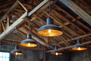 Fototapeta premium Rustic industrial ceiling lights illuminating a wooden barn interior