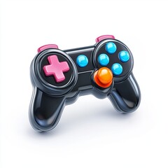Glossy black gaming controller with colorful buttons isolated on white background, 3D rendering illustration