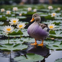Fototapeta premium A soft lilac and yellow duck standing elegantly on a white lotus pond.