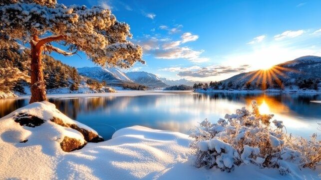 Breathtaking tranquil winter landscape with snow covered pine trees reflected in a serene frozen lake with a dramatic sunset sky and mountain backdrop  This picturesque