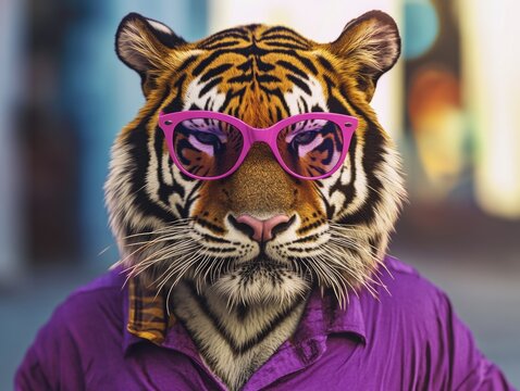 Adorable tiger in cool glasses, funny and cute pose