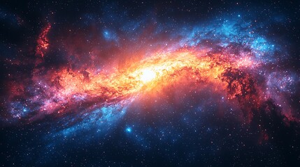 Fototapeta premium Cosmic Inferno: A breathtaking nebula bursts with vibrant hues of fiery orange and cool blue, swirling in a celestial dance of cosmic energy.