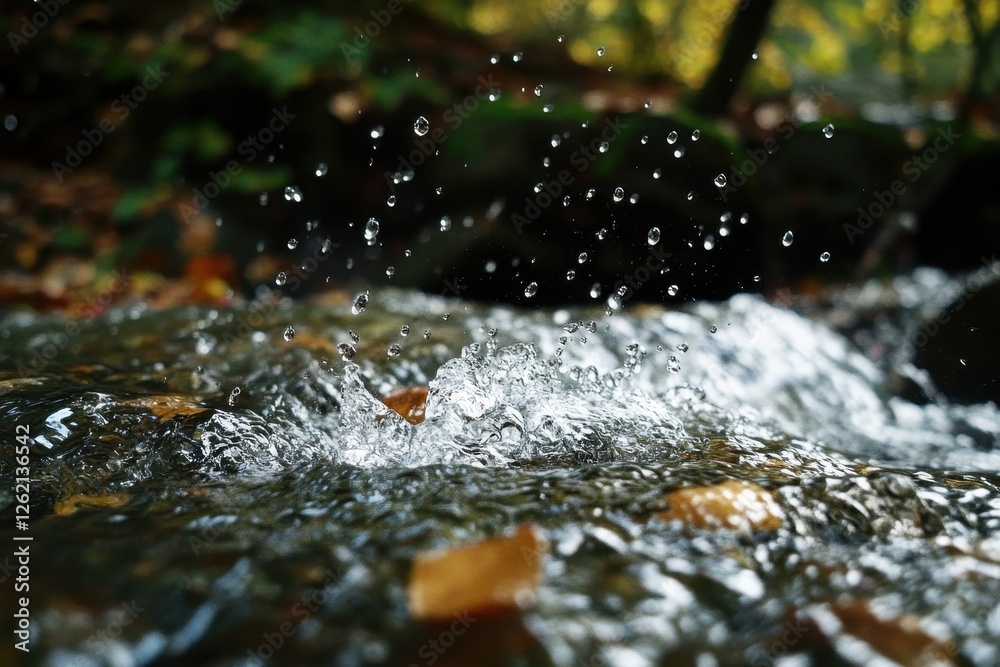 Poster water droplets cascade down into a serene stream surrounded by autumn foliage, water droplets are sl