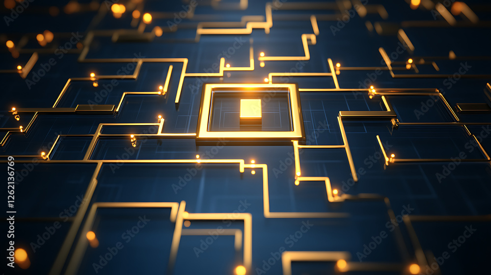 Poster golden circuit board design with central processor unit for technological innovation and connectivit