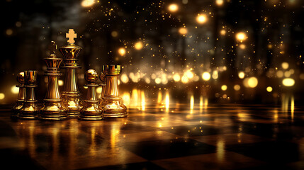 Obraz premium Golden Chess Pieces on Illuminated Board in a Glittering Night Scene Artistic Rendering 90chr