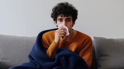 Young man in a blue sweater and blanket, drinking tea while resting at home
