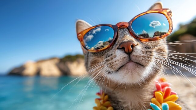 Charming and whimsical cat portrait featuring the feline wearing a pair of stylish sunglasses and enjoying a scenic seaside vacation setting with the ocean and tropical landscape in the background