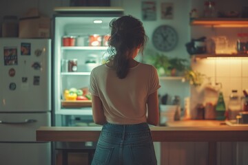 Lady looking inside of fridge while standing in kitchen, opening refrigerator and searching for food, rear view with copy space, Generative AI