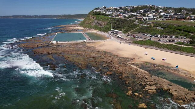 Merewether Ocean Baths And Beach In NSW, Australia - Aerial Drone Shot