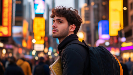 Tourist man exploring times square in new york city at night, holding a map and wearing a backpack