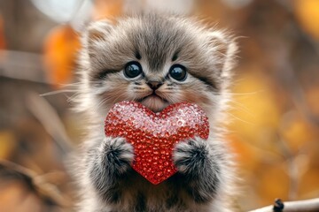 Cute manul baby with sparkling rhinestones red heart on in a natural habitat. Commercial animal concept art. Manul - my cherished animal. Sweet moment in the forest. Sweet lovebirds in nature.