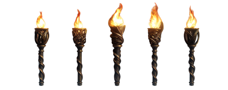 Collection of Five Ancient-Style Torches with Ornate Designs and Burning Flames