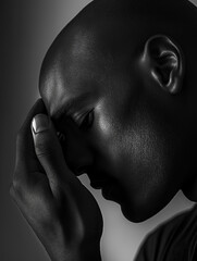 Nachdenkliches Profil, ausdrucksstarkes Schwarz-Wei&szlig; Profil eines afroamerikanischen Mannes, der sein Gesicht bedeckt, k&uuml;nstlerische Studiofotografie mit dramatischer Beleuchtung