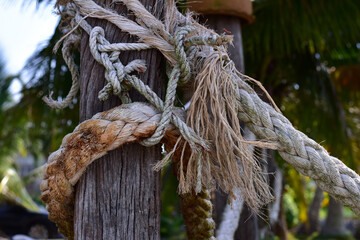 Rope tied to the dock, knot of thick rope tied around a wooden stake