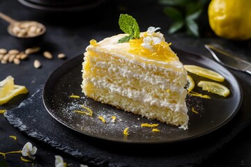 A delectable slice of lemon layer cake with creamy frosting, garnished with fresh mint and lemon slices on a dark background, evoking a sense of sweet indulgence.