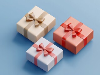 Obraz premium Three gift boxes with colorful ribbons and bows, symbolizing festive occasions like birthdays or holidays.