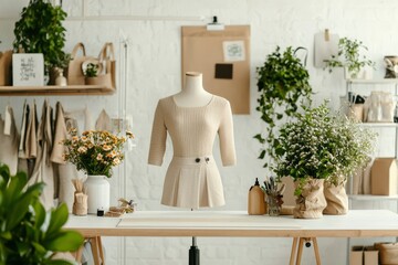 Beige Outfit Displayed On Mannequin In A Studio Setting