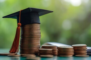 Scholarship money concept. Coins with money stack step growing growth saving money investment