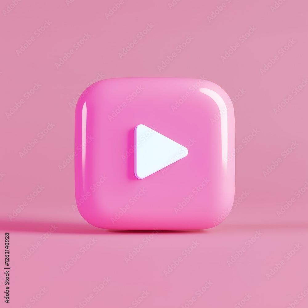 Poster a 3d render of a pink square play button with rounded edges and a white play symbol centered on a pi