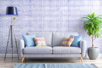 Modern grey sofa, colorful pillows, living room, brick wall, home decor