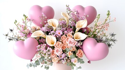 A tender and expressive bouquet of flowers, featuring elegant calla lilies and wildflowers, softly framed by heart-shaped balloons that suggest romance and celebration,