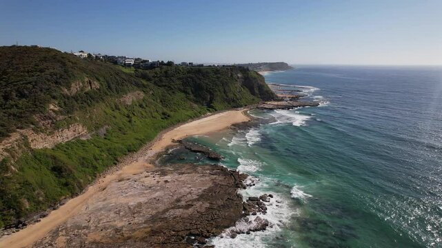 Rocky Coast Of Glenrock Beach In New South Wales, Australia - Aerial Drone Shot